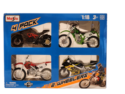 Maisto 1:18 Scale pack of 4 Dei-cast Motorcycles: Ducati Diavel; Kawasaki KLX250; Honda CR250R; Suzuki GSXR 600.