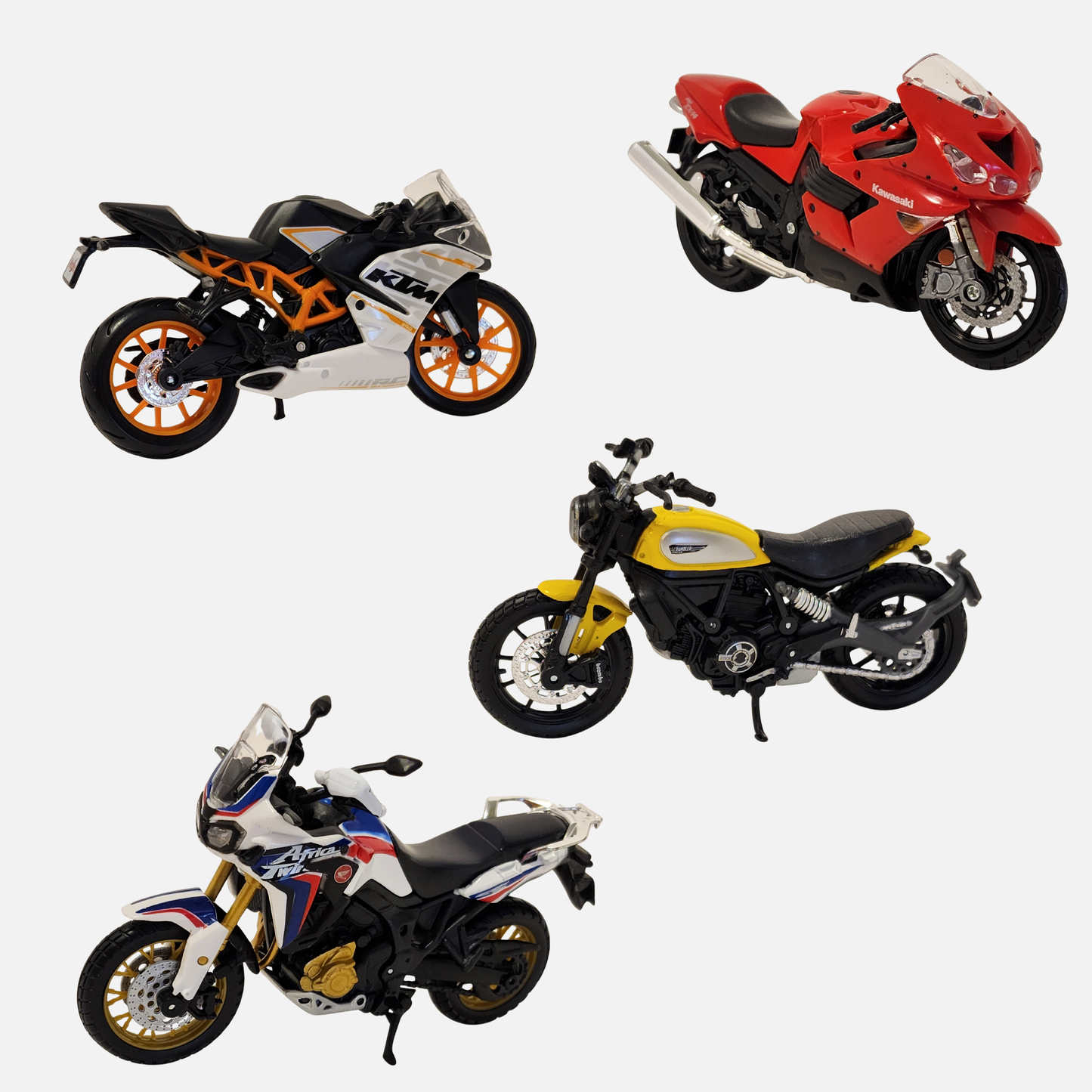 Maisto Motorcycles: Kawasaki ZX14, Ducati Scrambler, Honda CRF Africa Twin, KTM RC 390 1:18 Scale Dei-cast pack of 4
