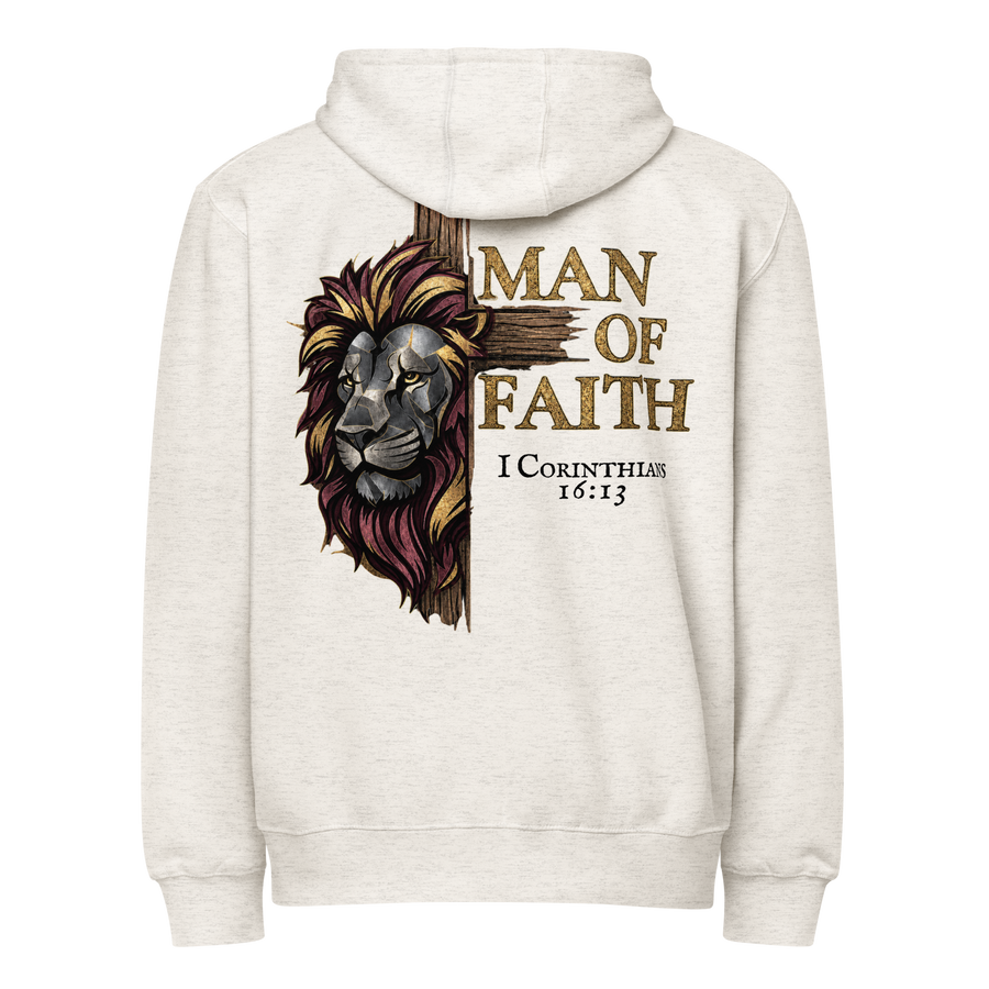 Man Of Faith Full Zip Hoodie in oatmeal heather shown from the back